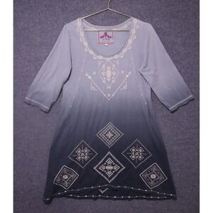 Johnny Was Dress Women XL Blue Multi Embroidered Minin 3/4 Sleeve *FLAWED*